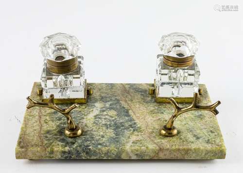 A green marble inkstand with a brass pen rest, 3 1/2 x 7 7/8...