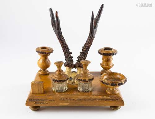 A carved wood and antler double inkstand, 9 3/4 x 9 3/4 x 7 ...