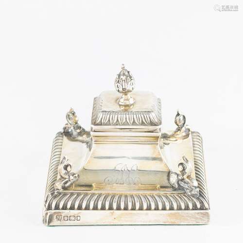 A sterling inkstand with glass insert, 3 1/4 x 3 3/4 x 3 3/4...