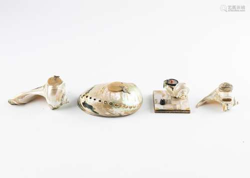 A collection of four seashell inkwells with glass inserts, 2...