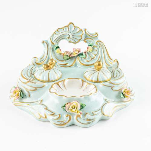 A Limoges blue and gilt double inkstand, 3 3/4 x 7 1/2 x 6 i...