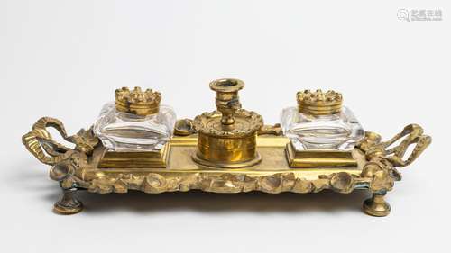 A French late 19th century gilt brass ink stand dish, 10 in....