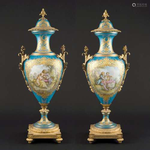 A pair of 'Sevres' porcelain and ormolu mounted ov...