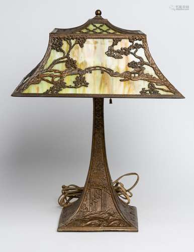 A Chinese brass motif Arts & Crafts slag lamp, 22 x 16 x...