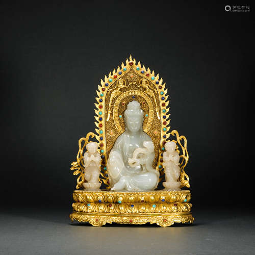 Golden HeTian Jade Avalokitesvara Statue from Qing