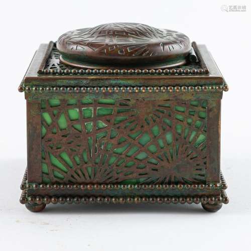 A Tiffany Studios bronze Pine needle inkwell, 3 1/2 x 4 x 4 ...