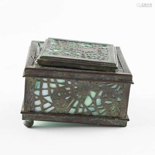 A Tiffany style copper inkwell of square form, 2 3/4 x 4 x 4...