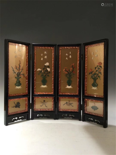 A HARD-STONES FLORAL INLAID FOLDING SCREEN