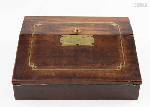 A mahogany with brass inlaid writing lap desk, 3 7/8 x 12 x ...