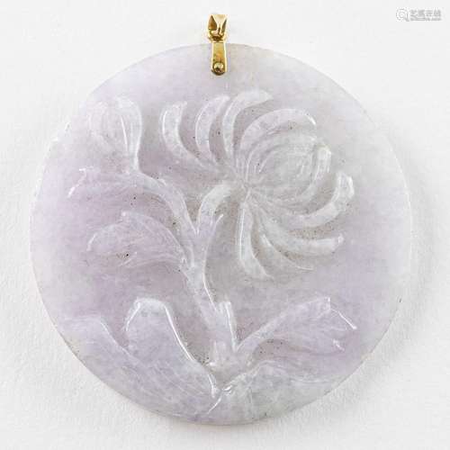 A round Chinese lavender jadeite pendant, 2 in. (5 cm) d.