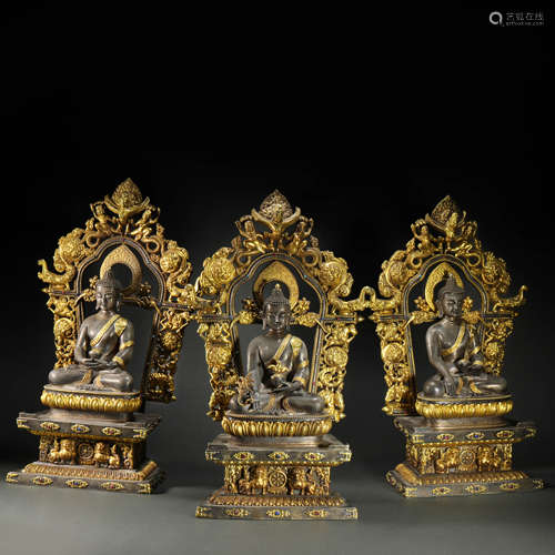 Silvering and Golden Tri Buddha Statue from Qing