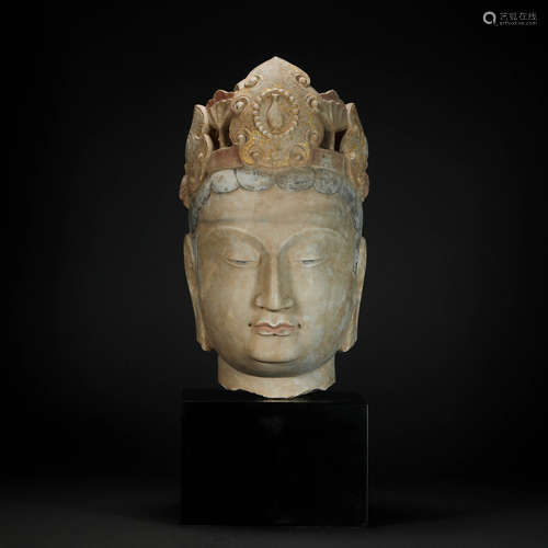 Colored Tracing Stone Carved Buddha Head from Northern Wei