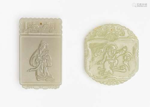 Two Chinese celadon jadeite plaques, 2 5/16 in. (6 cm); 2 in...