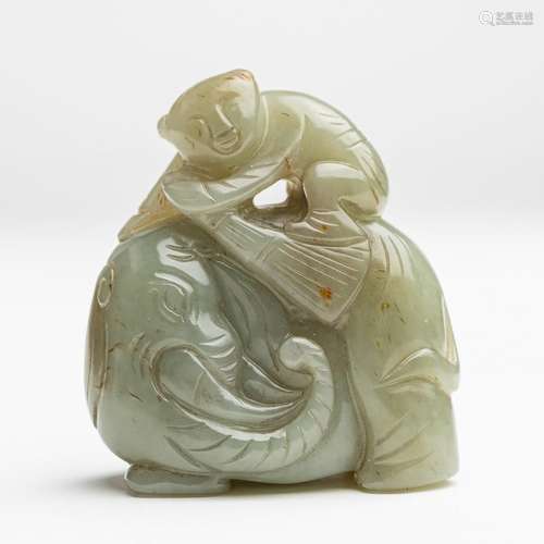 A Chinese jadeite grey celadon figure, 2 5/16 in. (6 cm) h.