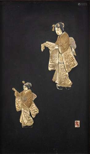 A Japanese framed ebonized panel, 23 3/4 x 13 in. (60.3 x 33...