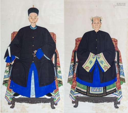 A pair Chinese watercolour ancestor portraits on paper, 58 3...