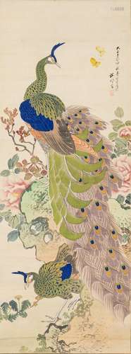 A Japanese scroll watercolour on silk, 59 x 22 in. (150 x 56...