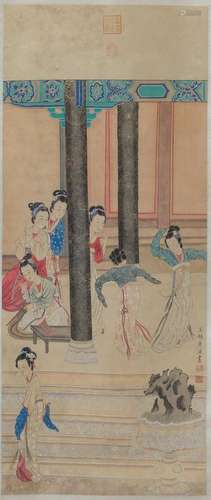 A Chinese scroll painting, 50 x 21 1/4 in. (127 x 54 cm)