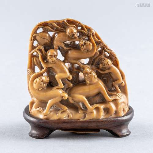 A soapstone carving of a horse and a monkey, 3 1/4 in. (8 cm...