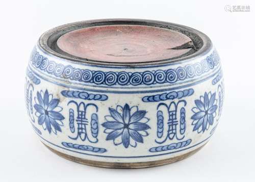 A Chinese blue and white ink bowl of drum form, Qing. 3 1/4 ...