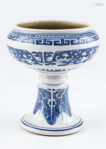 A Chinese Qing dynasty blue and white stem cup, 6 in. (15 cm...