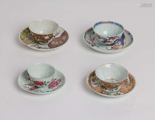 Four miniature Chinese porcelain tea bowls and saucers,