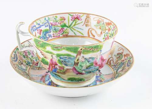 A Canton famille rose large teacup and saucer.