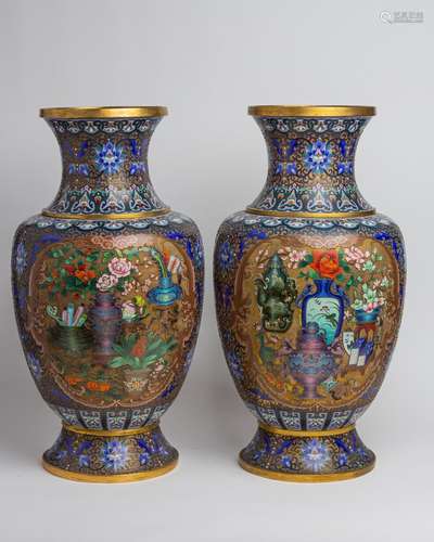 A pair of Chinese cloisonne and champleve tall vases, 26 in....