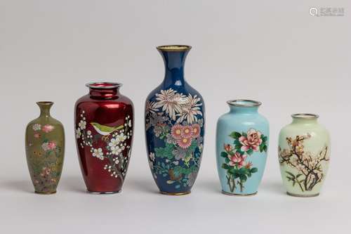 Five cloisonne vases,