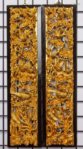 A pair of Chinese carved and glided wood panels, 28 1/2 x 7 ...