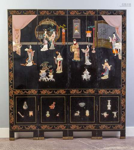 A Chinese black lacquered and hardstone four-panel screen,