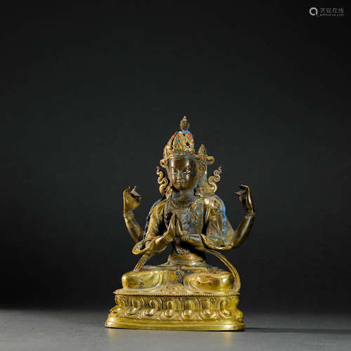 Copper and Golden Inlaying with Jem Buddha Statue from Ming