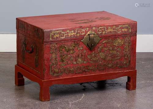 A Chinese red lacquered pigskin chest, 17 1/2 x 25 1/2 x 16 ...