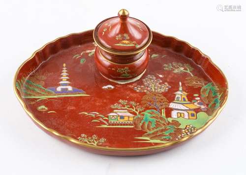 A Copeland coral ground chinoiserie ink stand dish. 3 x 9 1/...