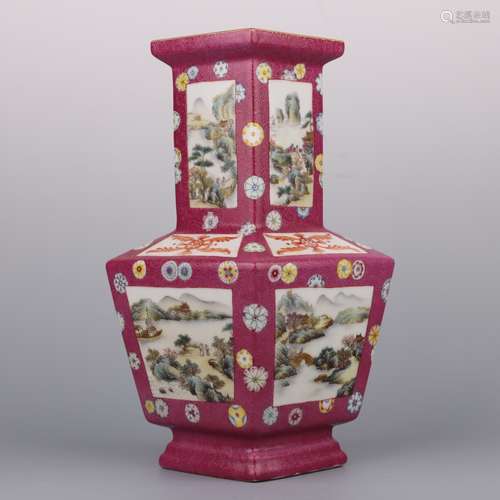 Famille Rose Landscape And Figure Square Vase