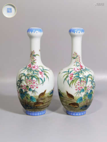 Pair Of Falangcai Flower And Birds Vases