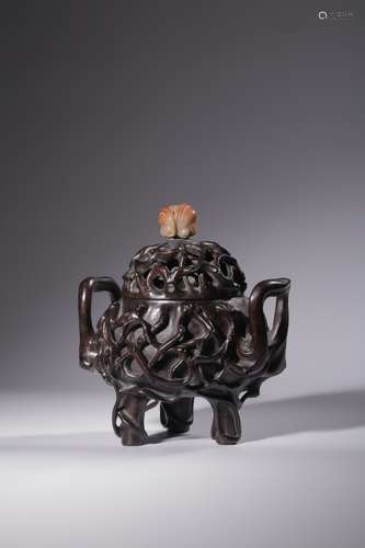 Sandalwood Tripod Censer With Shoushan Stone Finial