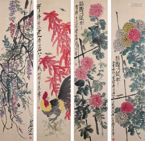 Qi Baishi, Four Chinese Flower And Birds Painting Scrolls