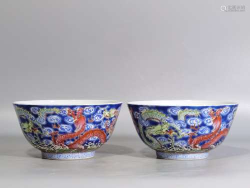 Two Famille Rose Dragon And Wave Bowls
