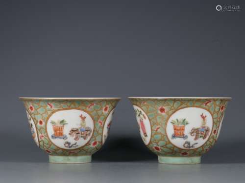 Pair Of Green Glaze And Gilt Decorated Ancient Objects Bowls