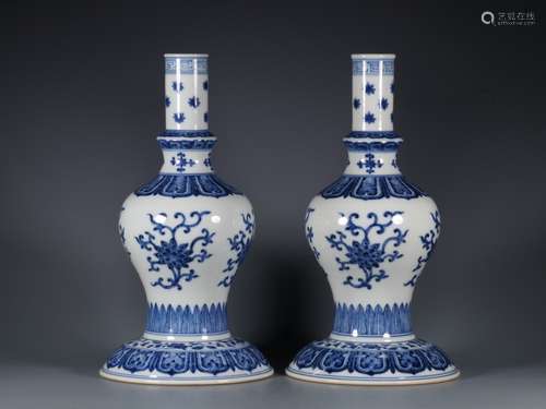 Pair Of Blue And White Buddhist Vases