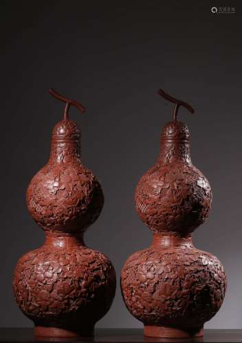Pair Of Carved Cinnabar Lacquer Double Gourd-Shaped Vases