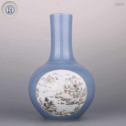 Blue Ground Light-Reddish-Purple Landscape Bottle Vase