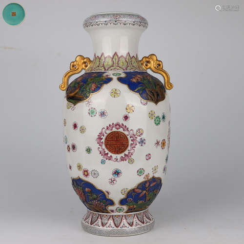 Famille Rose Flower Double-Eared Vase