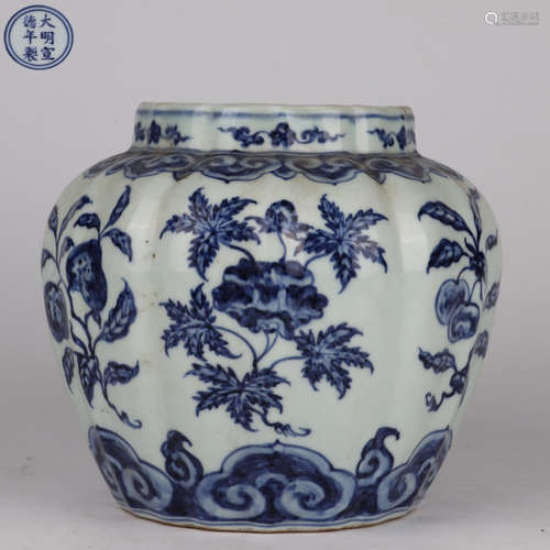 Blue And White Floral Lobed Jar