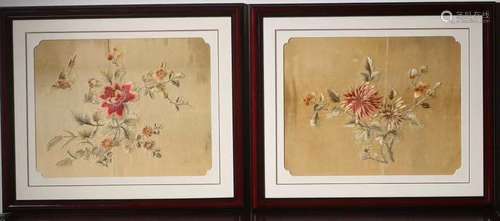 Pair Of Two Flower And Birds Embroidered Hanging Plaques