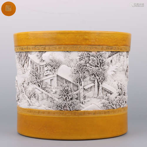 Carved Porcelain Landscape And Figure Brush Pot