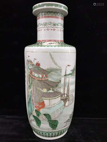 Wucai Landscape And Inscription Rouleau Vase