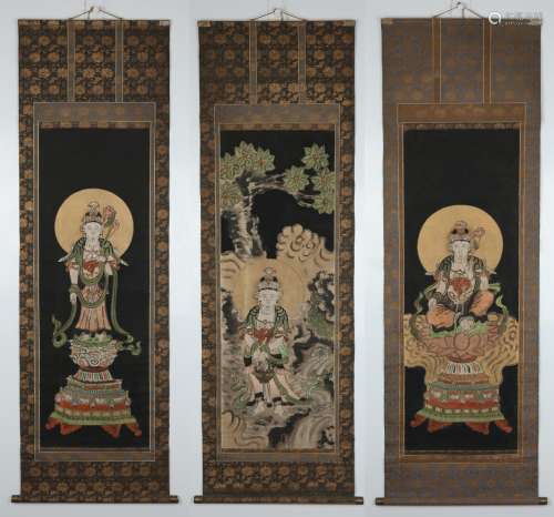Three Hanging Scrolls Of Guanyin Statue