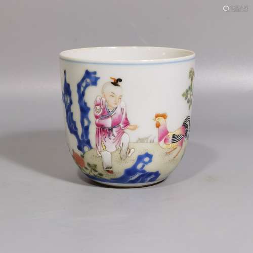 Famille Rose Boy And Rooster Tea Cup With Inscription